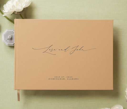 MUUJEE Personalized Guestbook in Tan - Premium Tan Leatherette Custom Modern Guest Book for Wedding Reception, Birthday Party or Events w/Bookmark Blank Pages for Signing, Large 11.5 x 8.5 inches