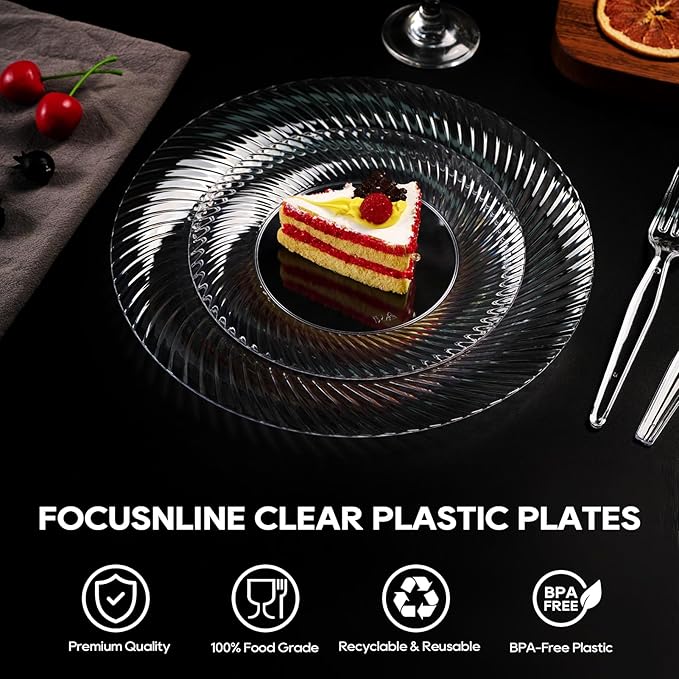 FOCUSLINE 7 Inch Clear Plastic Plates, 100 Count Disposable Heavy Duty Salad Dessert Plates, Premium Hard Plastic for Weddings, Parties & Events