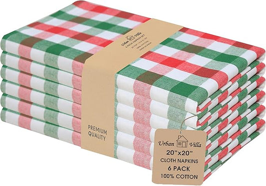 Urban Villa Cotton Dinner Napkins Set of 6, Highly Absorbent 20x20 Inches Premium Cloth Napkins Hotel Quality Reusable & Washable Table Dinner Napkins for Home & Weddings - Red/Green/White, Checks