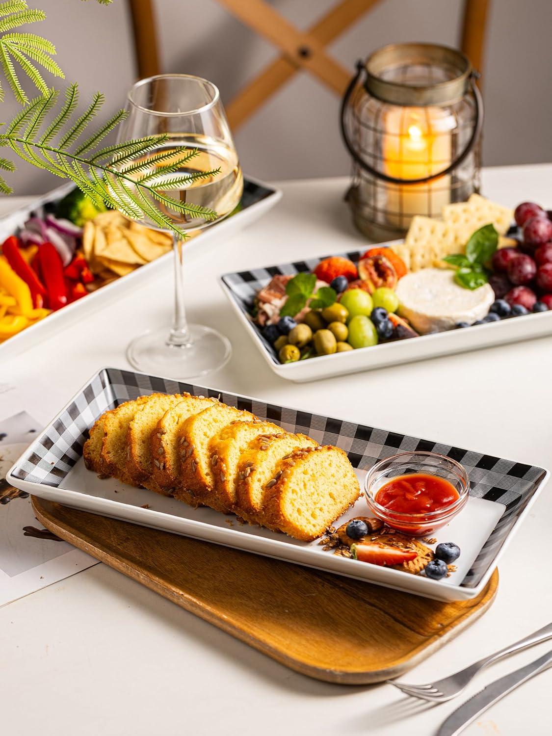 YHOSSEUN Halloween Serving Platters Set of 4, Black and White Serving Platters and Trays for Food, Rectangular Long Plates Serving Dishes for Entertaining, Checkered, 14 Inch