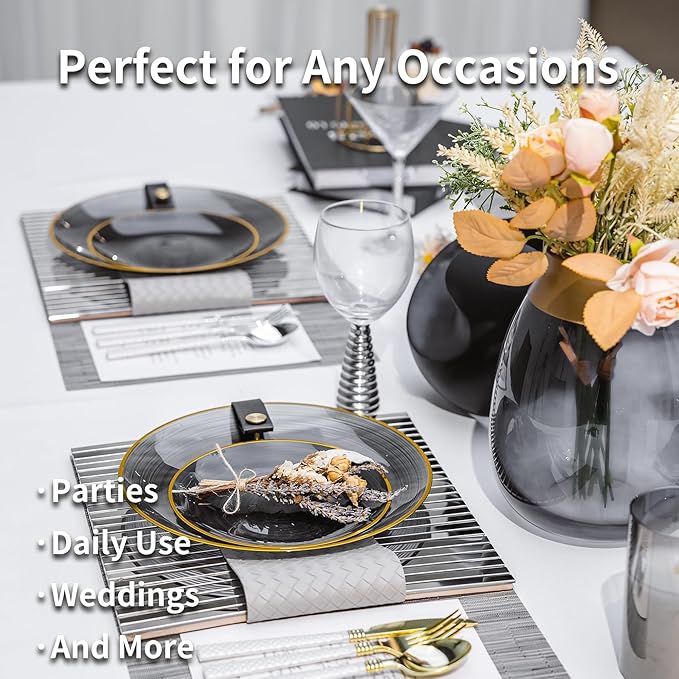 N9R 60PCS Black Plastic Plates with Gold Rim, Elegant Disposable Plates, Circular Ribbed Design, 30 Dinner & 30 Dessert Plate for Parties, Weddings, Halloween, Banquets and Events (Translucent Black)