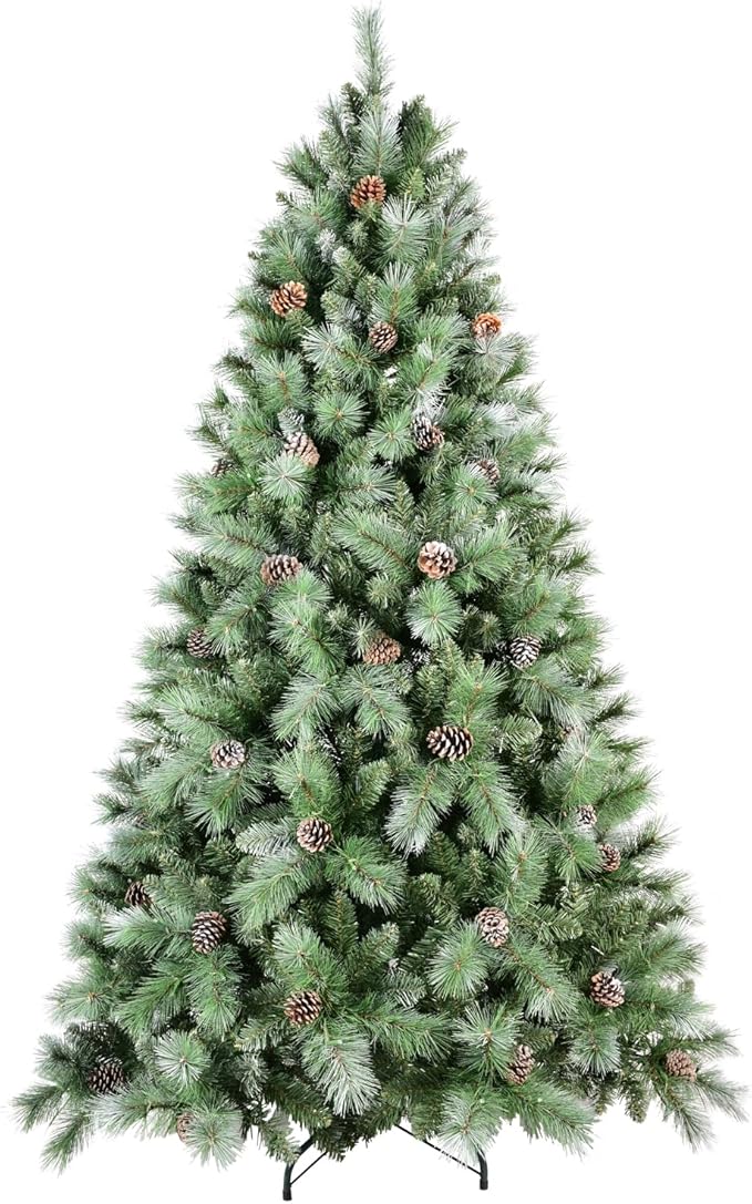 8FT Frosted Christmas Tree with 102 Pine Cone & Pine Needles, Premium Unlit Artificial Christmas Tree with 1858 Branch Tips, Realistic Hinged Xmas Trees with Metal Stand for Holiday Decoration
