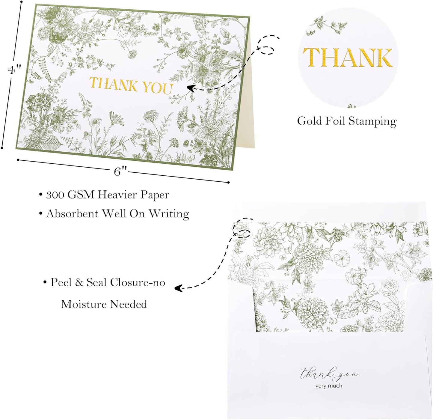 Crisky Green Floral Thank You Cards Gold Foil Greeting Notes Bulk with Envelopes (50 Pack) for Birthday, Baby Shower, Bridal Shower, Wedding, Graduation