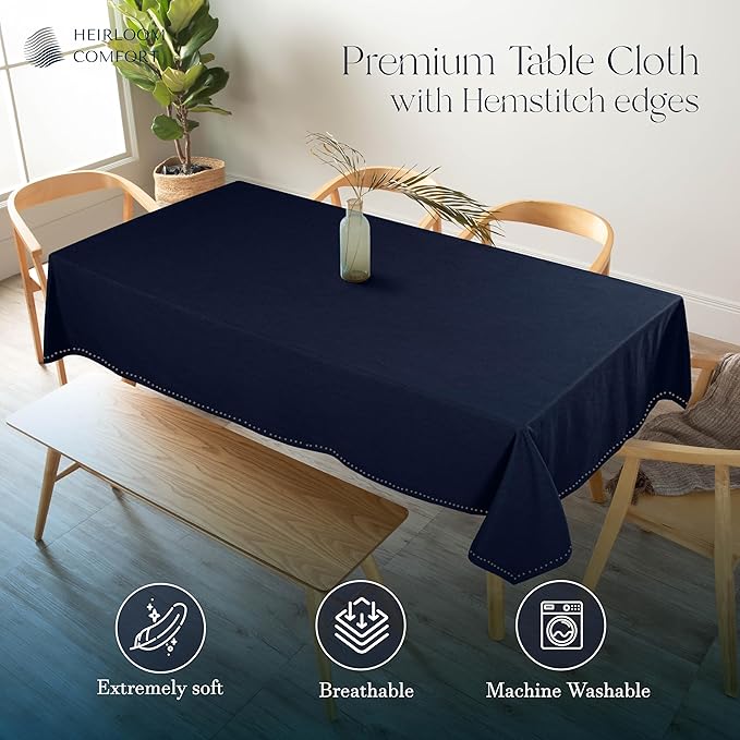 Navy Blue Table Cover, 100% Cotton Tablecloth 60x84 Inch, Fits 6-8 Seats, Soft, Durable, Washable, Wrinkle Resistant, Rectangle Table Cloth for Dining, Holiday Celebrations, Dinner