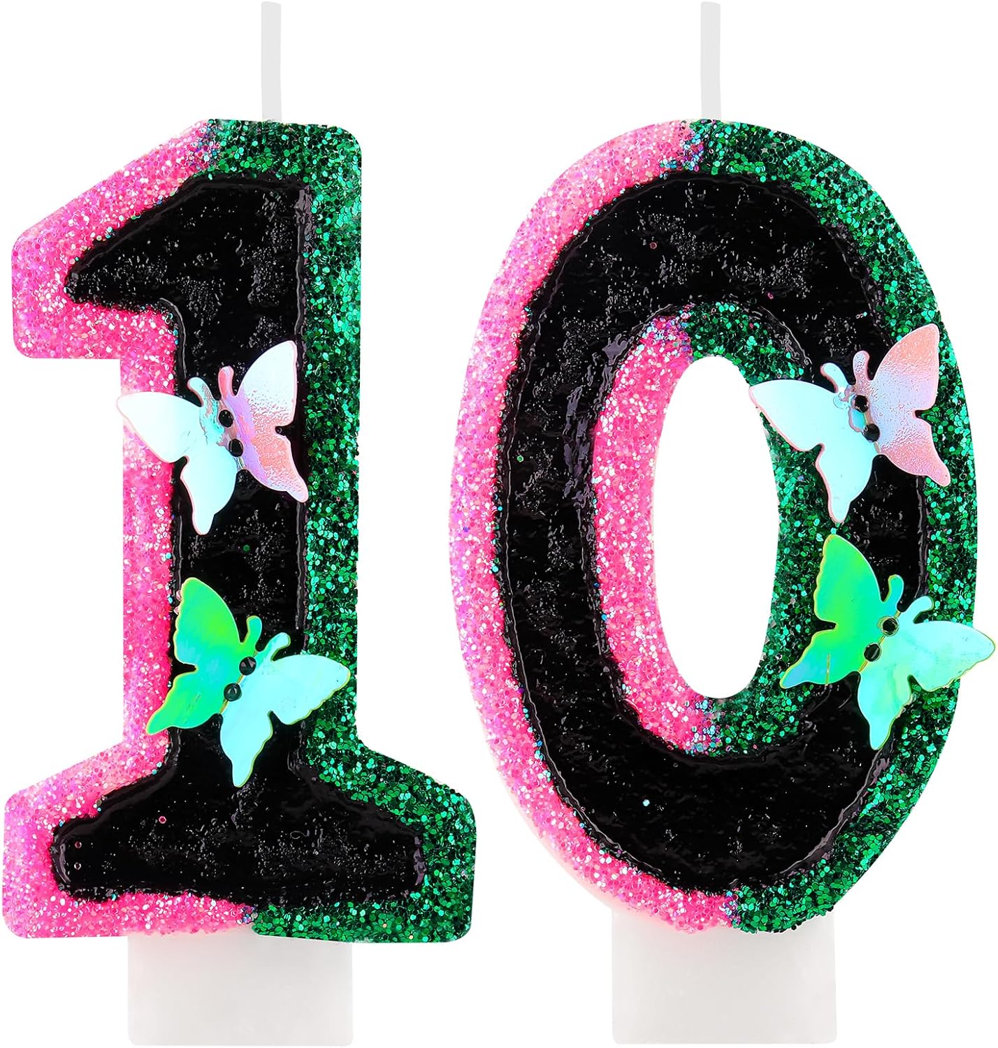 Birthday Number 10 Candles Pink Black and Green Butterfly Birthday Candles for Glitter Cake Topper with Sequins Decorations Girls Women Witch Theme Anniversary Celebrations Supplies