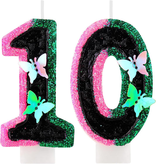 Birthday Number 10 Candles Pink Black and Green Butterfly Birthday Candles for Glitter Cake Topper with Sequins Decorations Girls Women Witch Theme Anniversary Celebrations Supplies