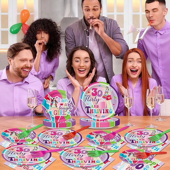 96Pcs Thirty Flirty and Thriving Party Supplies 30 Flirty and Thriving Paper Plates Napkin 30th Birthday Decoration for Her Women Talk 30 to Me 30th Birthday Dinnerware Party Favor Tableware Serves 24