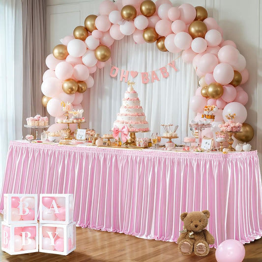Wish Care 6ft Pink Satin Table Skirt for Rectangle Tables Wrinkle Free Glitter Desk Skirts Pleated Ruffle Table Cloth for Girls Birthday Baby Shower Theme Party Dessert Cake Table Skirting Decorations
