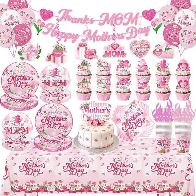 133Pcs Mothers Day Decorations, Happy Mothers Day Party Set with Plates, Napkins, Cups, Tablecloth, Banner, Balloons, Cake Topper, Cupcake Toppers for Mom Birthday Party, Serves 20 Guests