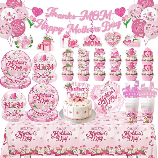 133Pcs Mothers Day Decorations, Happy Mothers Day Party Set with Plates, Napkins, Cups, Tablecloth, Banner, Balloons, Cake Topper, Cupcake Toppers for Mom Birthday Party, Serves 20 Guests