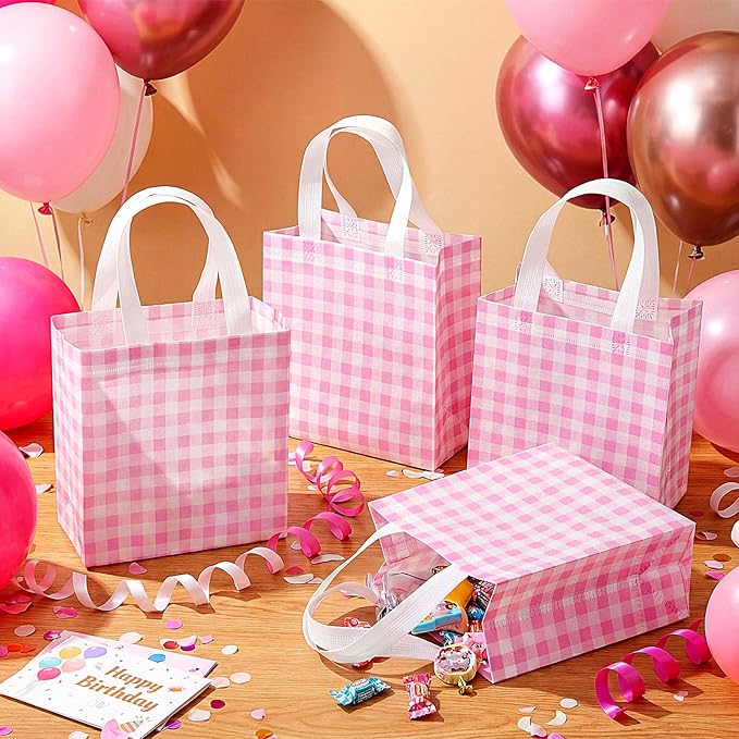 Sweetude 16 Pcs Pink White Checkered Gift Bags with Handles Gingham Pink and White Party Favors Non-Woven Reusable Tote for Women Wedding Birthday Baby Shower Mother's Day Party Decorations