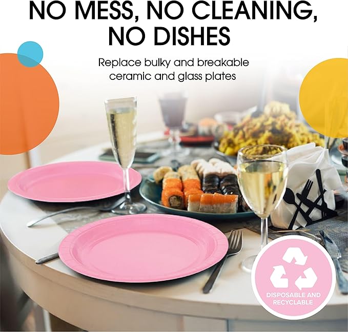Exquisite Party Solids Pink Paper Plates Disposable Heavy Duty 9 Inch Pink Disposable Plates For Party 100 Pcs Heavy Duty 350 GSM, Birthday Supplies