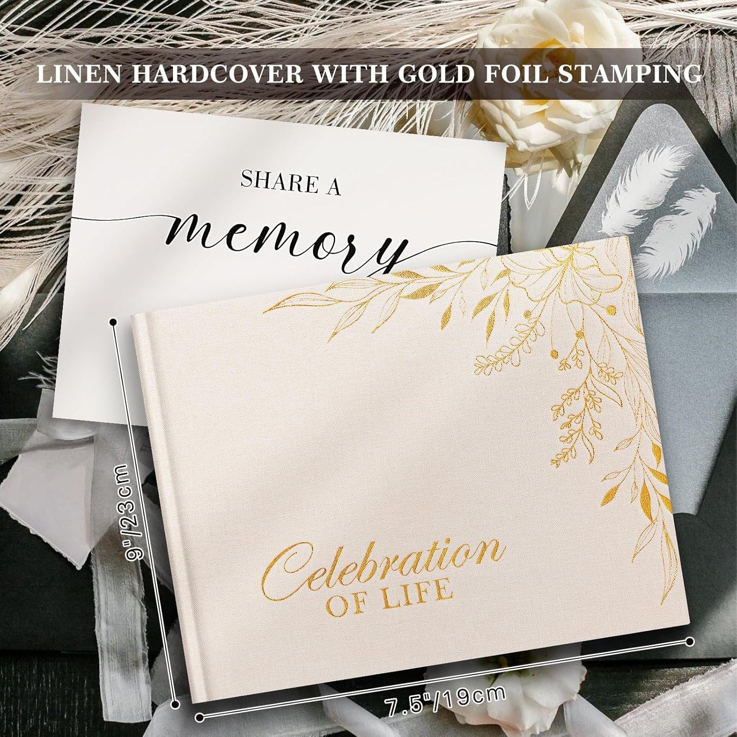 Lanpn Funeral Guest Book for Memorial Service, Linen Cover Celebration of Life Registry Guest Book, Funeral Favors Sign in Books for Guests Memory Book for Funeral with Memory Table Sign, Beige