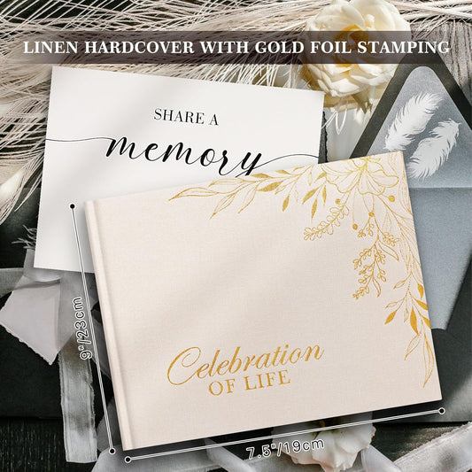 Lanpn Funeral Guest Book for Memorial Service, Linen Cover Celebration of Life Registry Guest Book, Funeral Favors Sign in Books for Guests Memory Book for Funeral with Memory Table Sign, Beige