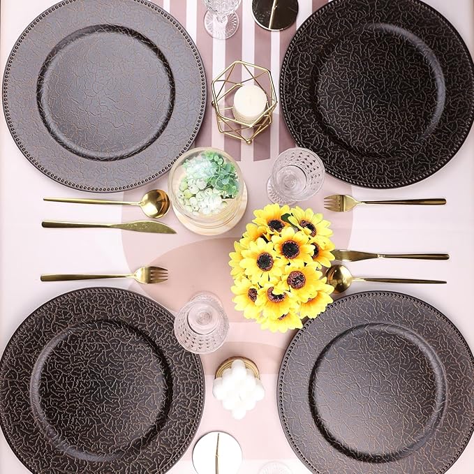Brown Chargers for Dinner Plates with Beaded, Set of 12 Plastic Bulk Wedding Charger Plates for Thanksgiving, Christmas, Holiday Party Table Setting.