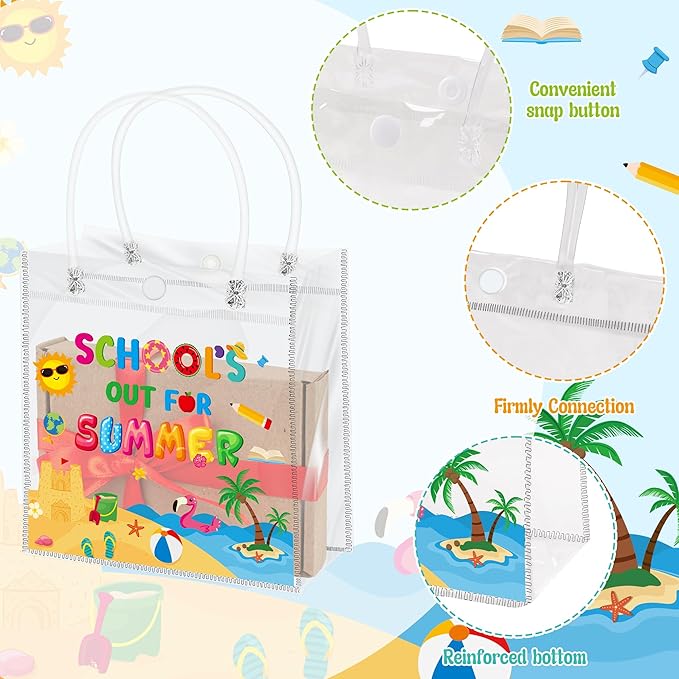 H1vojoxo End of Year Gift Bags - 24PCS End of Year Clear PVC Gift Bags with Handles Bulk 7.9x3.2x7.9 Inch Last Day of School Goodie Treat Bag Summer School's Out Classroom Gifts Wrap Totes for Student