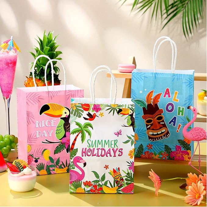 Outus 24 Pcs Summer Hawaiian Party Favor Bags Tropical Goodie Gift Paper Bags with Handles Aloha Tiki Luau Palm Leaves Flamingo Treat Candy Pouch for Summer Party Birthday Decor Baby Shower Supplies