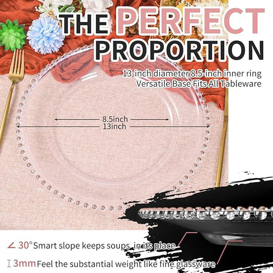 12 Pack Clear Charger Plates Bulk Wedding, 13 Inch Plastic Round Dinner Chargers with Pink Beaded Rim, Acrylic Round Decorative Plates for Wedding Party Home and Tabletop Decor (Pink)