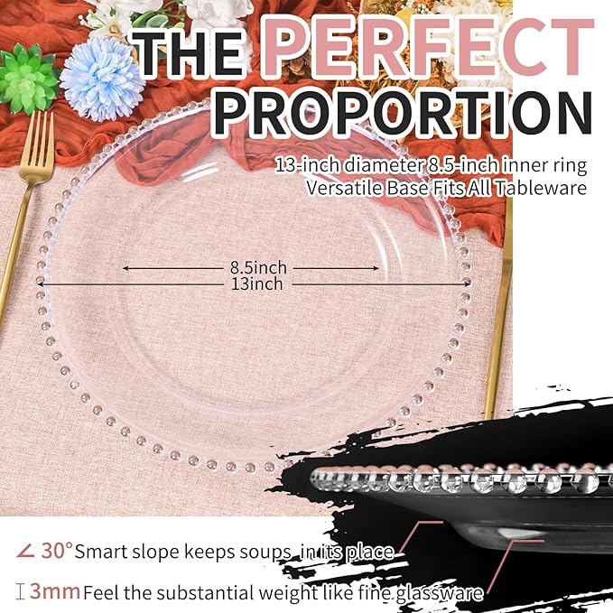 24 Pack Clear Charger Plates Bulk Wedding, 13 Inch Plastic Round Dinner Chargers with Pink Beaded Rim, Acrylic Round Decorative Plates for Wedding Party Home and Tabletop Decor (Pink)