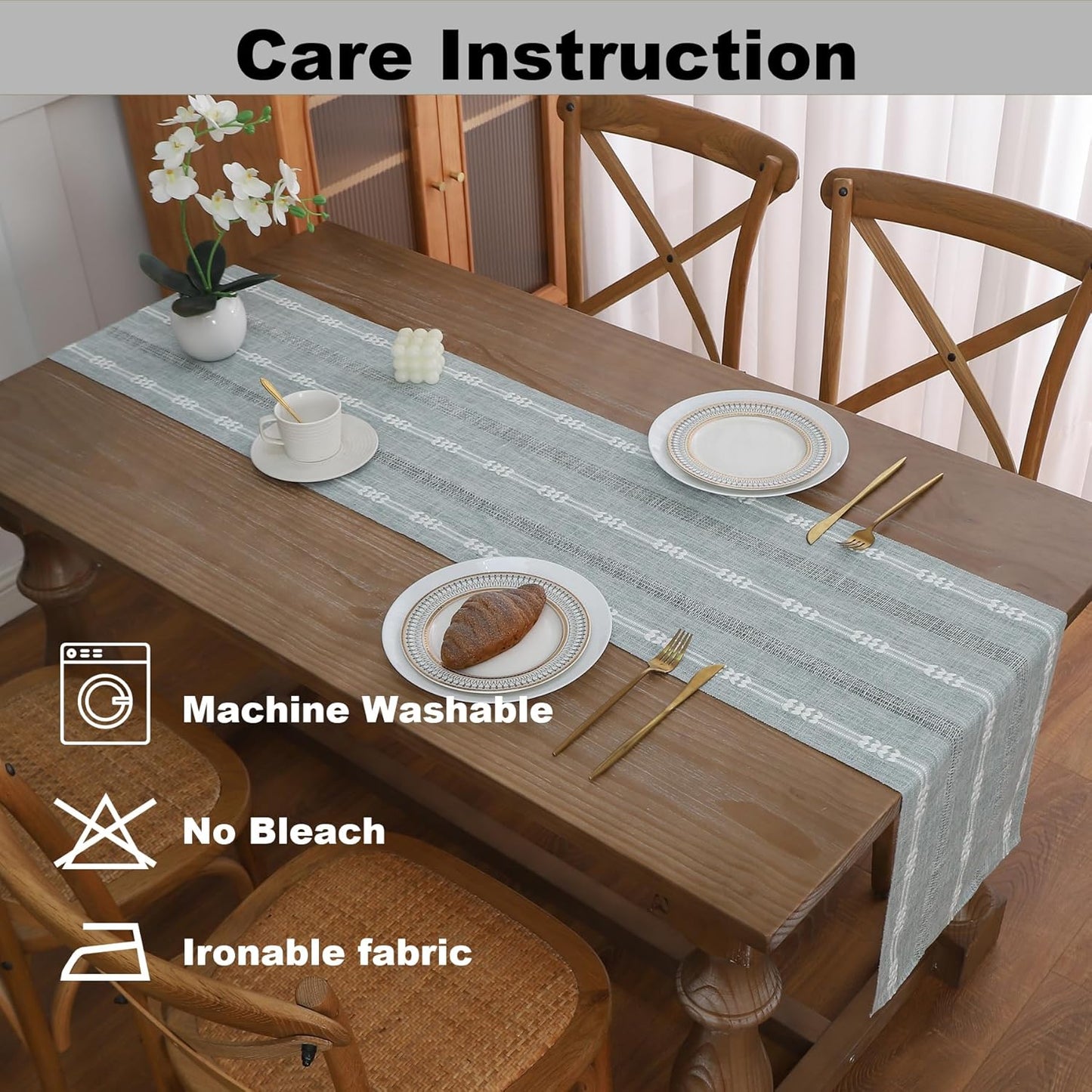 Gernaice 2PCS Boho Table Runner, Embroidered Cotton Linen Farmhouse Table Runners for Dresser End Coffee Table Home Decor, 24" L X 13" W Grey