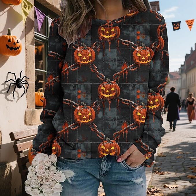 LIZALIG Pullover Cute Sweatshirt Orange Skeleton Fall Festive FunWomens Design Bat Holiday Party Outings Pumpkin Print