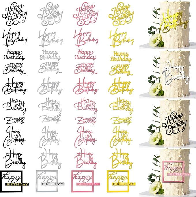 40 PCS Happy Birthday Cake Toppers Mirror Acrylic Toppers with 10 Styles 4 Colors for Birthday Party Cake Desserts Pastries