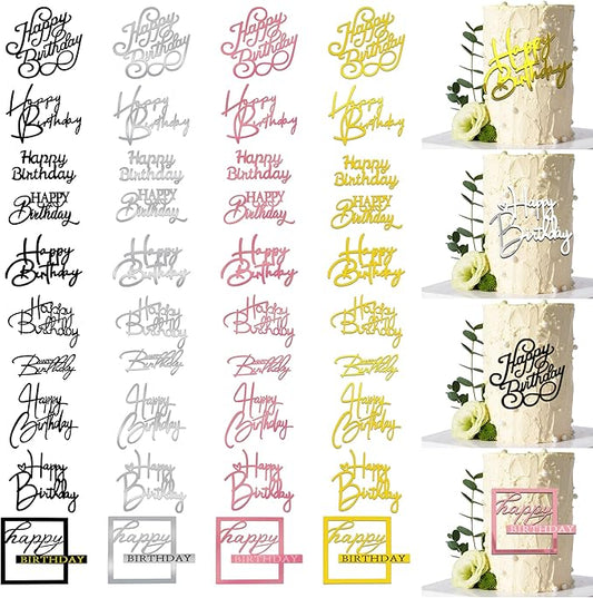 40 PCS Happy Birthday Cake Toppers Mirror Acrylic Toppers with 10 Styles 4 Colors for Birthday Party Cake Desserts Pastries
