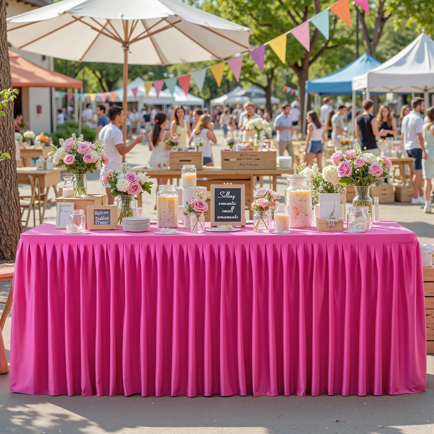 Hot Pink Polyester Table Clothes for 8 Foot Rectangle Tables, Wrinkle Free Fitted Table Cover with Pleated Ruffle Table Skirt for Birthday Party Wedding Trade Show Event Display
