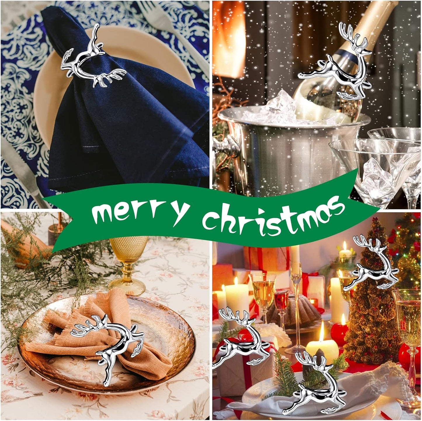 legigo Set of 12 Christmas Deer Napkin Rings for Dinning Table Setting - Metal Napkin Holder Rings for Xmas Dinner Holiday Party, Wedding Receptions Dinning Table Setting (Sliver)