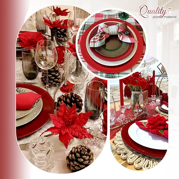 50 Pcs Red Charger Plates Bulk, 13" Round Beaded Plate Chargers, Decorative Plastic Table Chargers for Wedding Holiday Party Baby Shower Event Decoration (Red)
