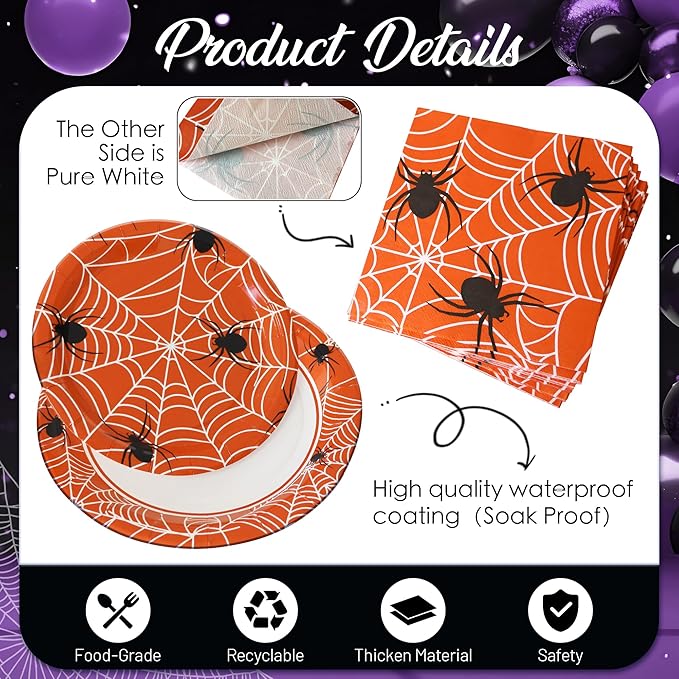 75pcs Spider Party Supplies, 25 Guest Disposable Paper Plates & Napkins, Tableware Decorations Favors, Including 9" & 7" Plates & Napkins for Halloween, Birthday, Parties, and Everyday Use