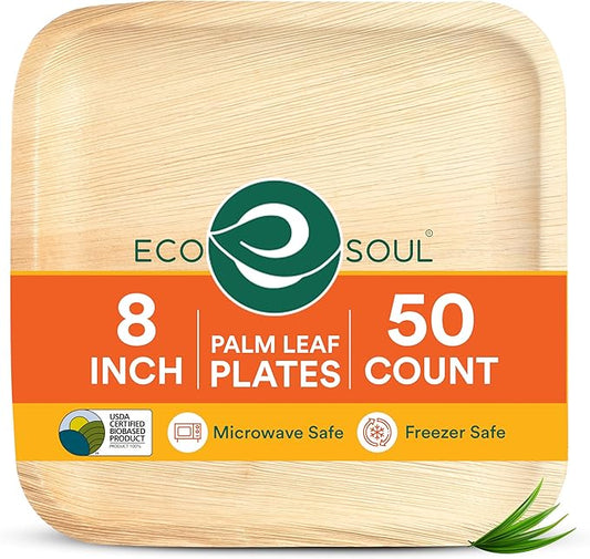 ECO SOUL 8 Inch Disposable Palm Leaf Plates [50 Pack] Premium Food-Safe Heavy Duty Compostable Bamboo Paper Plates for Lunch, Dinner, Birthday, Weddings, Party, Camping & Catering Events [Square]