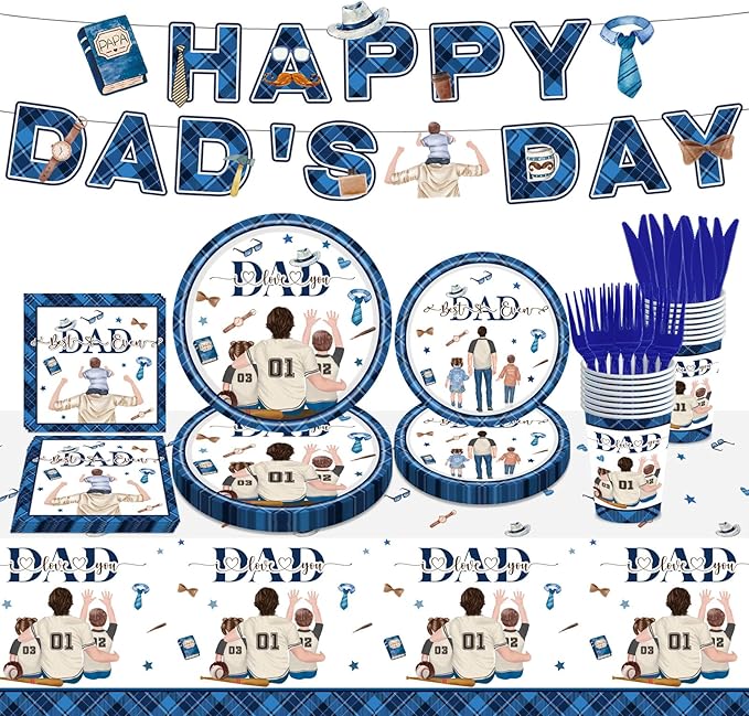 98PCS Happy Father's Day Party Supplies Fathers Day Tableware Set Best Dad Paper Plates Napkins Forks Knives Tablecloth Banner Fathers Day Party Decorations Disposable Dinnerware for 16 Guests