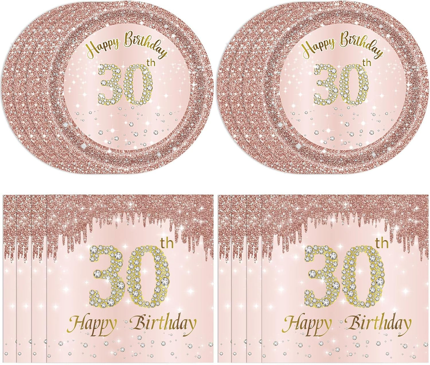 30th Birthday Decorations for Women, Rose Gold Thirty Year Old Party Supplies Include 20 Plates 20 Napkins, Pink 30 Aged Birthday Party Tableware