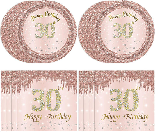 30th Birthday Decorations for Women, Rose Gold Thirty Year Old Party Supplies Include 20 Plates 20 Napkins, Pink 30 Aged Birthday Party Tableware