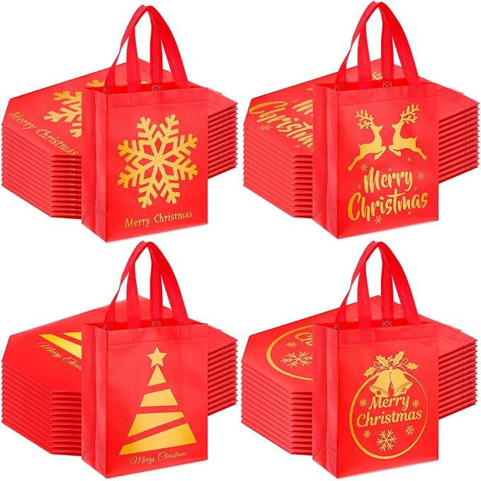Wesnoy 48 Pcs Christmas Gift Bags Bulk 10 x 8 x 4 Inch Red Gold Goodies Bags Reusable Non Woven Christmas Party Favors Candy Treat Totes with Handles for Holiday Gift Birthday Party Supplies
