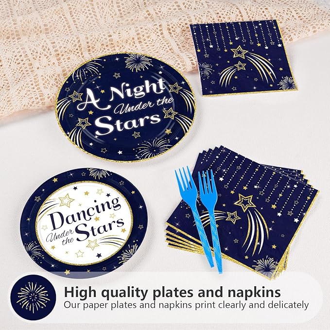 Grencian Dancing Under the Stars Decorations - 96 Pcs Navy Blue Starry Night Party Plates and Napkins Gold Star Disposable Tableware for A Night Under the Stars Birthday Party Decorations Serve 24