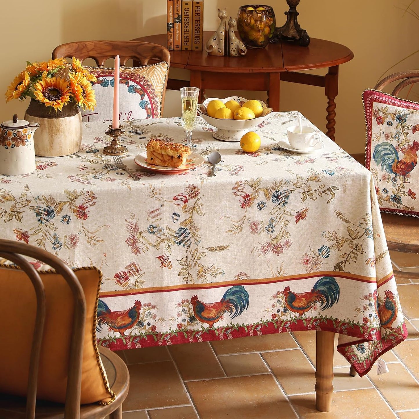 patdrea Designer French Tablecloth for Square Table,Vintage Red Linen Animals Pattern Floral Tablecloths,Decor Table Cover for Kitchen Dining Christmas,Party,Thanksgiving,67"x67"-Townlife E