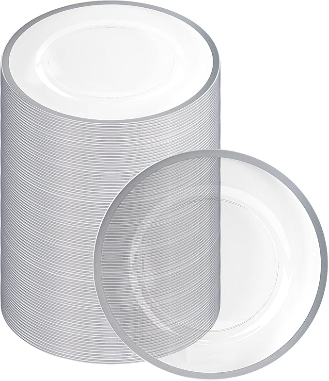 PARTY BARGAINS 13-Inch Charger Plates - 96 Pack, Clear Silver Rim, Heavy-Duty Disposable Chargers for Elegant Dining - Ideal for Weddings and Formal Events