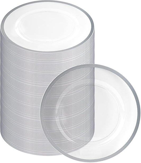 PARTY BARGAINS 13-Inch Charger Plates - 96 Pack, Clear Silver Rim, Heavy-Duty Disposable Chargers for Elegant Dining - Ideal for Weddings and Formal Events