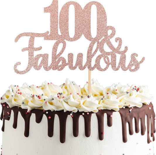 1 PCS 100 & Fabulous Cake Topper Glitter One Hundred Fabulous Cake Toppers Happy 100th Birthday Cake Pick for 100th Wedding Anniversary Birthday Party Cake Decorations Supplies Rose Gold
