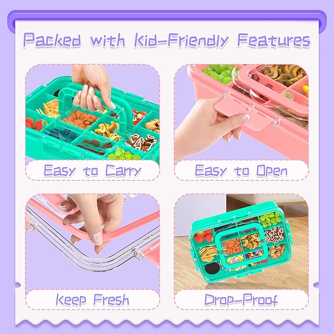 2 Pcs Snack Box Container for Kids - Adjustable 12-Compartment Snack Containers, Reusable Bento Box, Dishwasher Safe, BPA-Free, Perfect for School, Travel, Camping & Picnic, Pink & Green