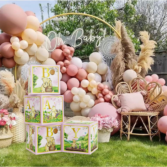 Classic Winnie Baby Shower Boxes Pink for Newborn Baby Girl Boy, Vintage Winnie Bear First 1st Birthday Party Decorations the Pooh Theme Box Block Supplies for Kids Cake Smash Photography Favor Props