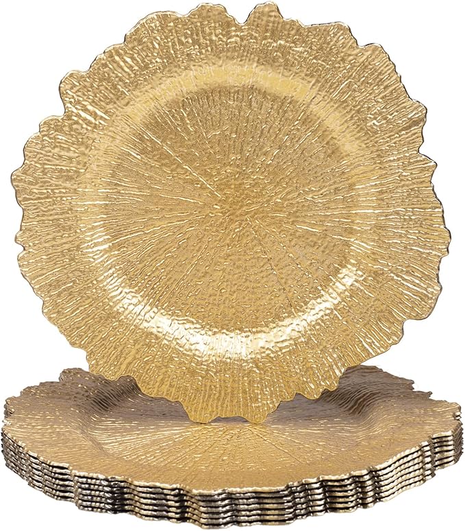 MAONAME 13" Gold Charger Plates Set of 8, Round Reef Chargers for Dinner Plates, Plastic Plate Chargers for Table Setting, Wedding Decor