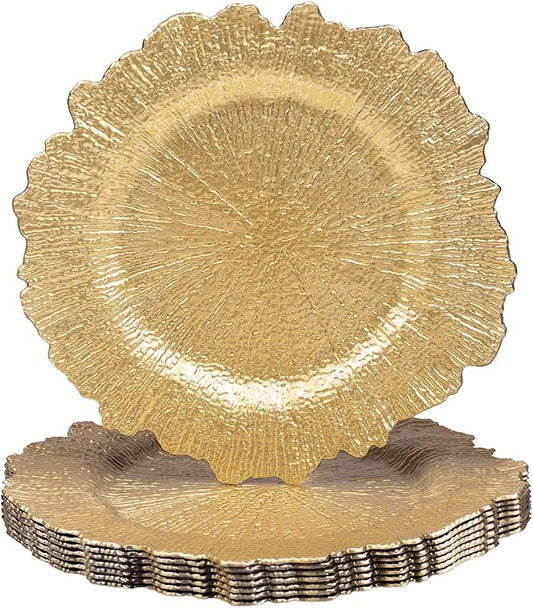 MAONAME 13" Gold Charger Plates Set of 8, Round Reef Chargers for Dinner Plates, Plastic Plate Chargers for Table Setting, Wedding Decor