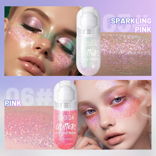 DAGEDA 2Colors Roll-on Body Glitter Gel for Body, Hair, Face, Holographic Glitter Makeup for Rave Accessories, Body Shimmer Hair Glitter Gel for Halloween Makeup(Sparkling Pink+Pink)