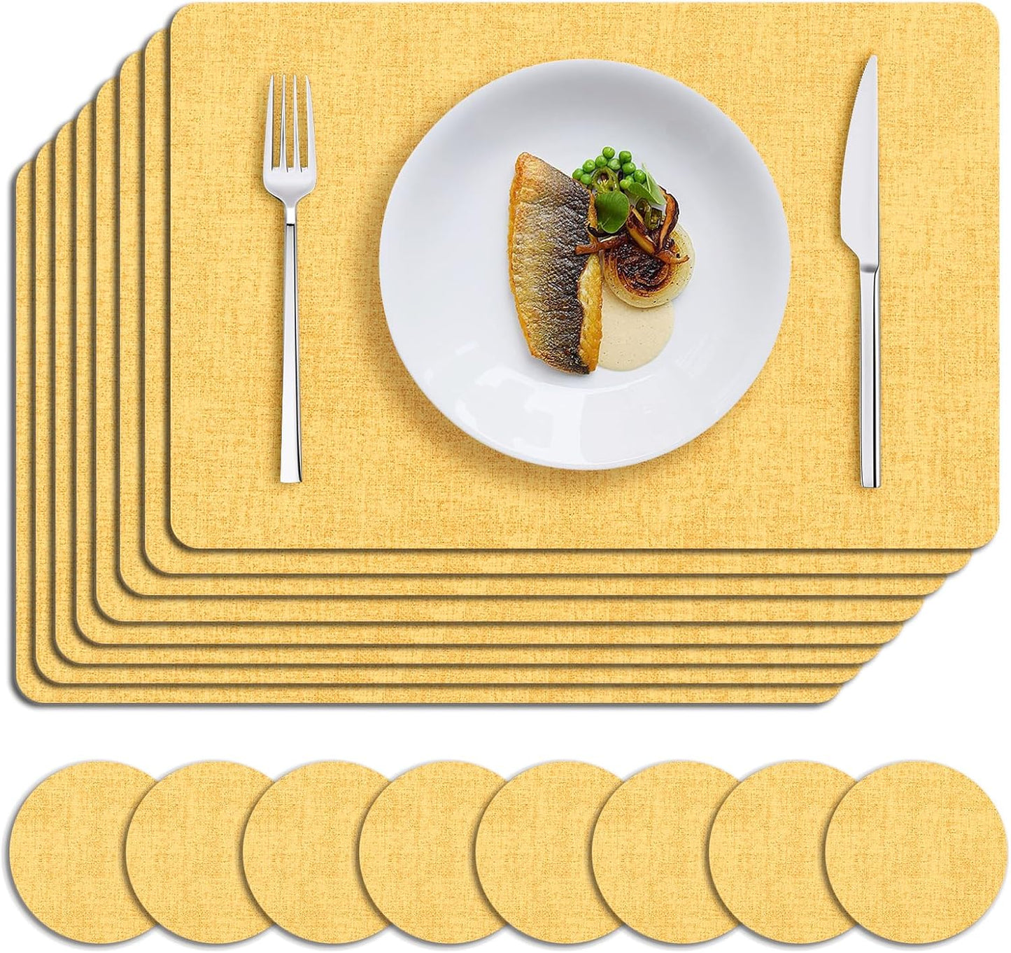 MOSAYT Placemats Set of 8, Heat Resistant Vinyl Place Mats with Coasters, Wipeable Washable 100% Waterproof Oil Proof Faux Leather Table Mats for Kitchen Dining Party Outdoor, 12" x 18", Yellow