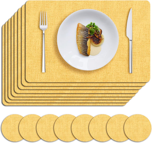 MOSAYT Placemats Set of 8, Heat Resistant Vinyl Place Mats with Coasters, Wipeable Washable 100% Waterproof Oil Proof Faux Leather Table Mats for Kitchen Dining Party Outdoor, 12" x 18", Yellow
