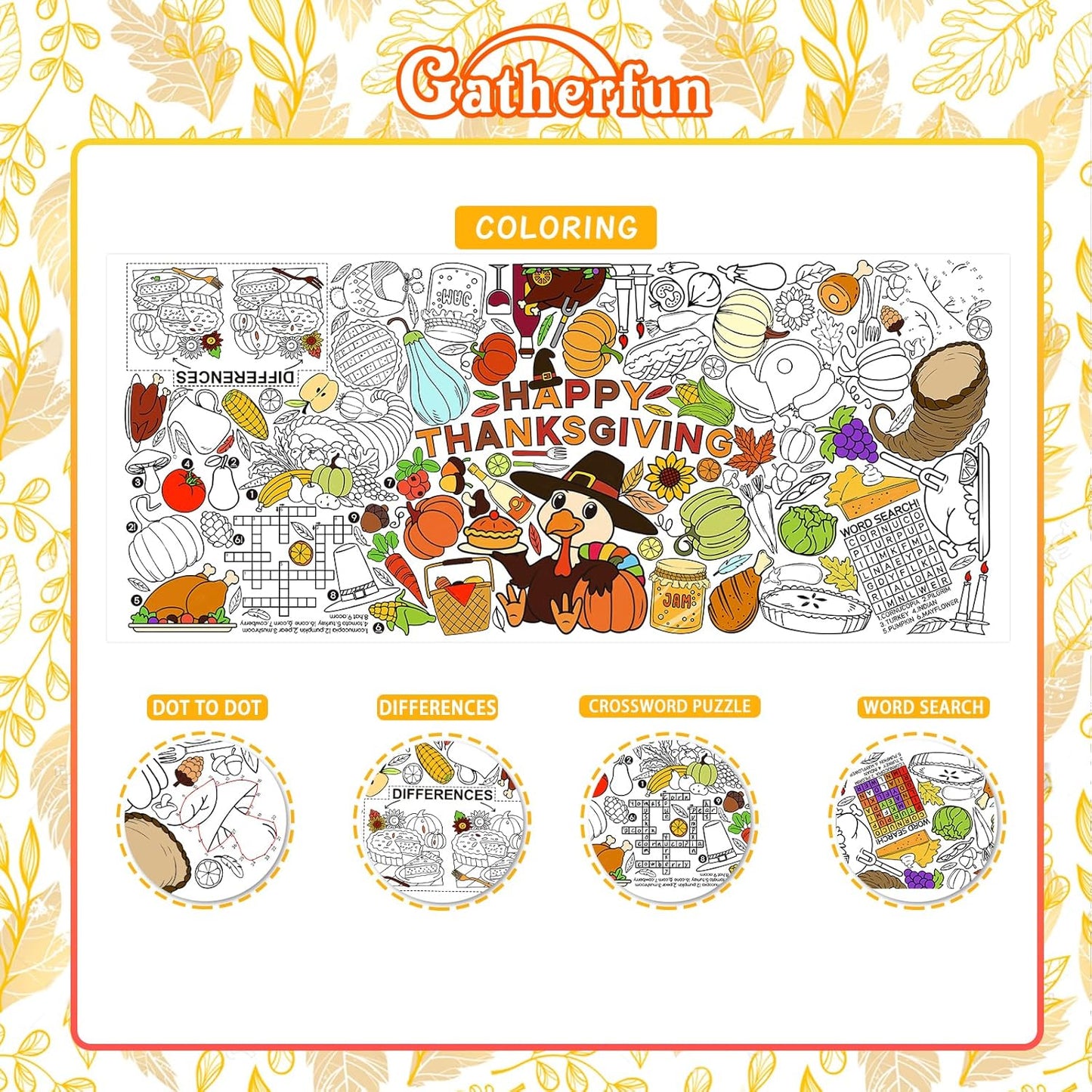 Thanksgiving Activity Poster - 31.5 x 72 Inches,Turkey-Themed Party, Versatile Paper Coloring Banner/Table Cover for School Party Thanksgiving Decoration