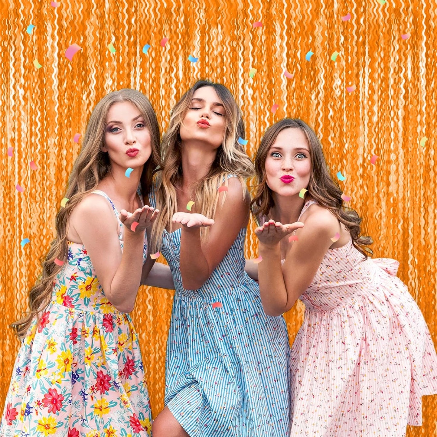 4 Pack Macaron Orange Fringe Curtain Backdrop 3.2Ft x 8.2Ft Metallic Tinsel Foil Fringe Streamers Background for Photo Booth Mother's Day, Easter, Carnival, Birthday, Wedding Party Decoration